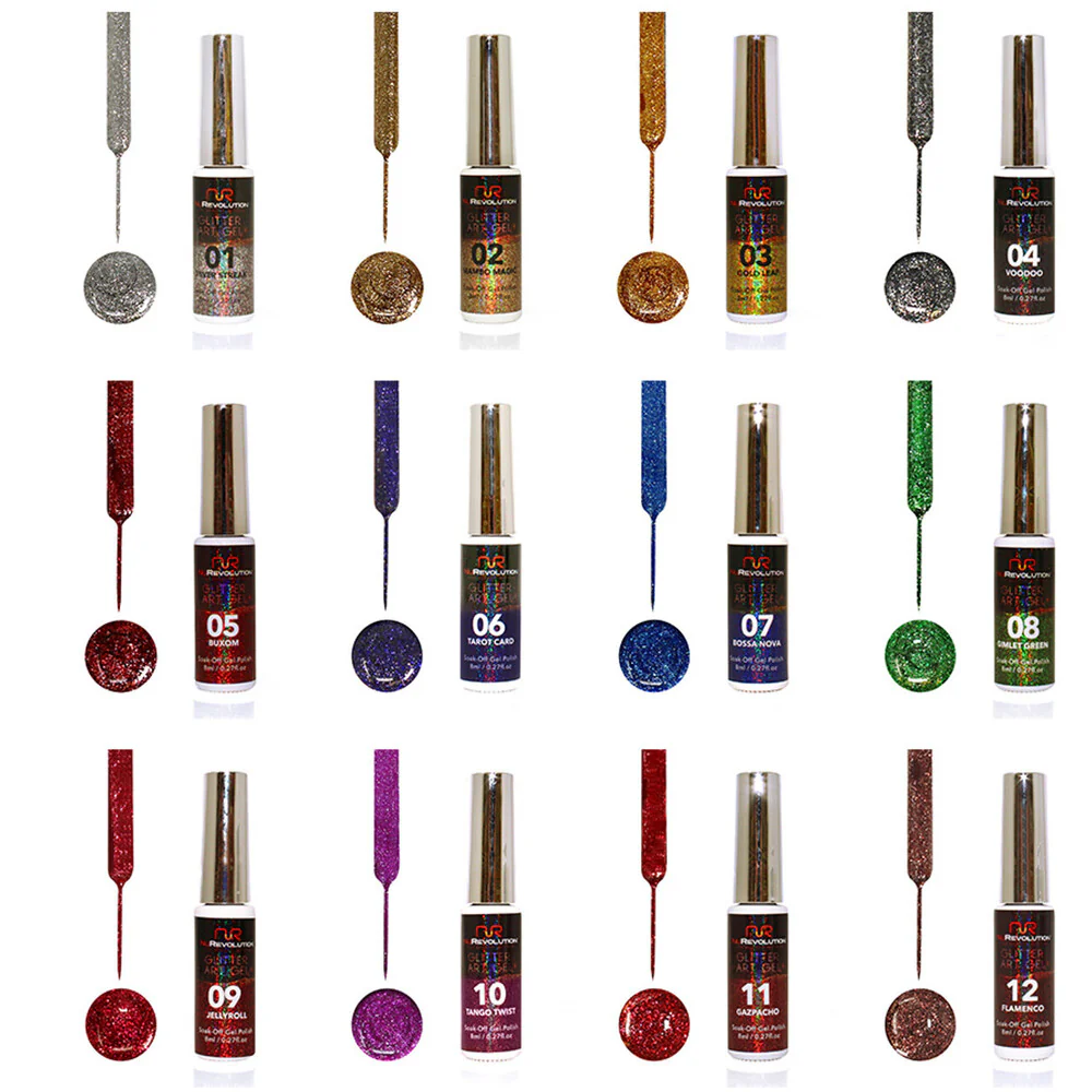 NuRevolution Gel Liner Glitter Set - Soak Off Gel Polish and Gel Liner Brush - Nail Art / 12 colors - 8 mL. Each - Image 2