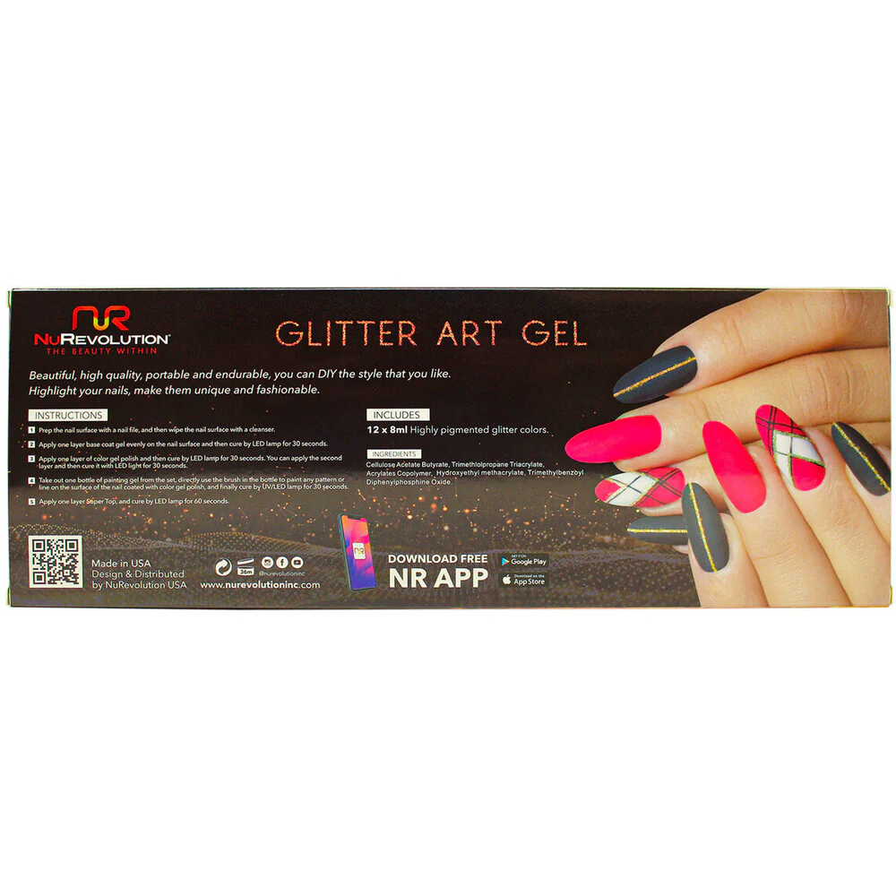 NuRevolution Gel Liner Glitter Set - Soak Off Gel Polish and Gel Liner Brush - Nail Art / 12 colors - 8 mL. Each - Image 4