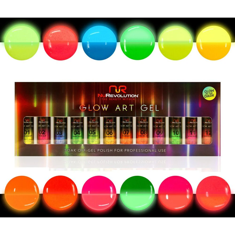 NuRevolution Gel Liner Glow Set - Soak Off Gel Polish and Gel Liner Brush - Nail Art / 12 colors - 8 mL. Each