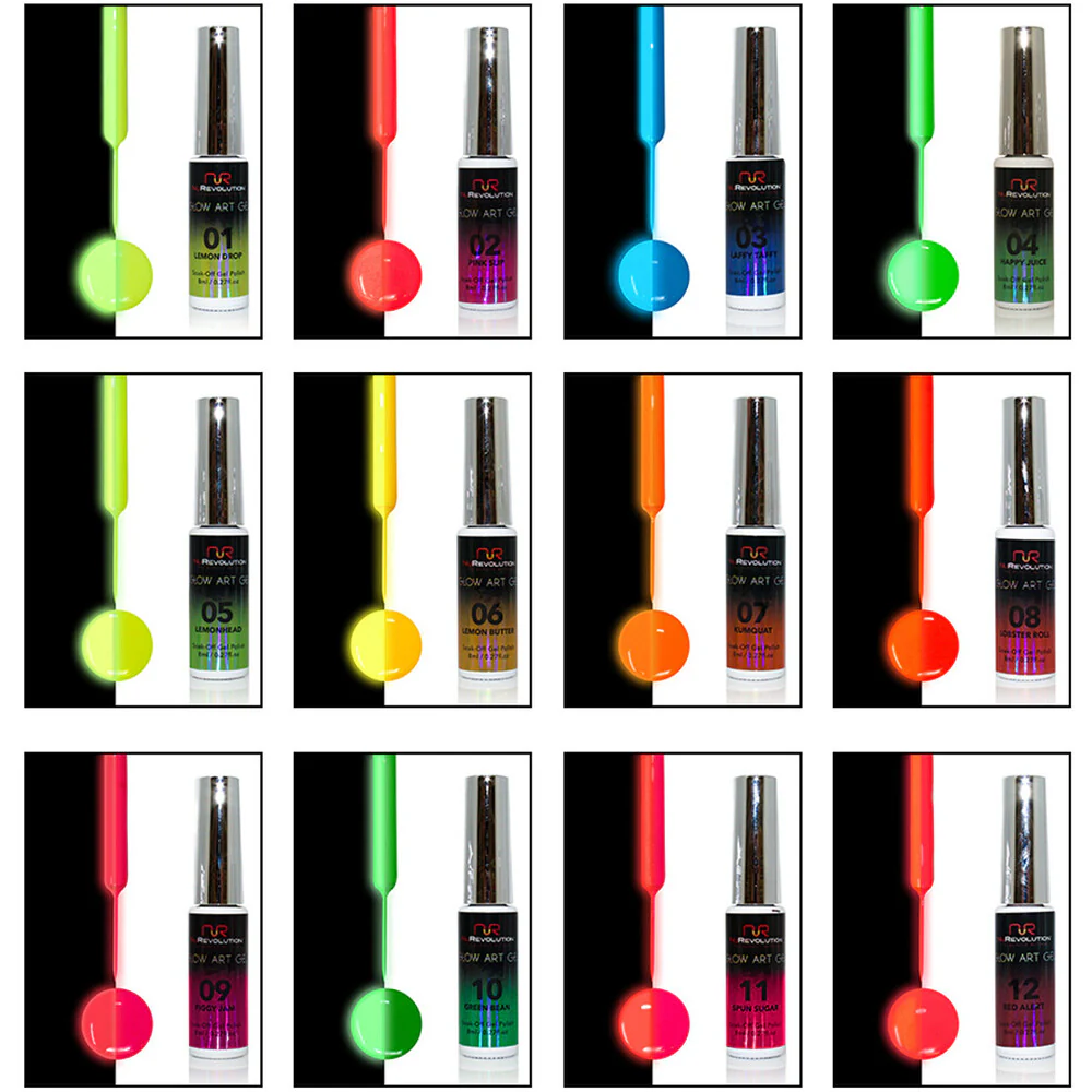 NuRevolution Gel Liner Glow Set - Soak Off Gel Polish and Gel Liner Brush - Nail Art / 12 colors - 8 mL. Each - Image 2