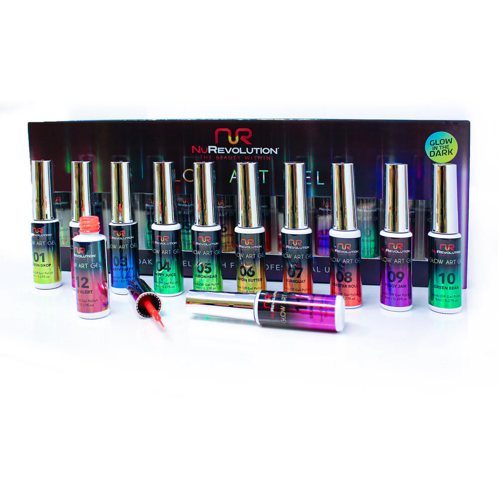 NuRevolution Gel Liner Glow Set - Soak Off Gel Polish and Gel Liner Brush - Nail Art / 12 colors - 8 mL. Each - Image 3