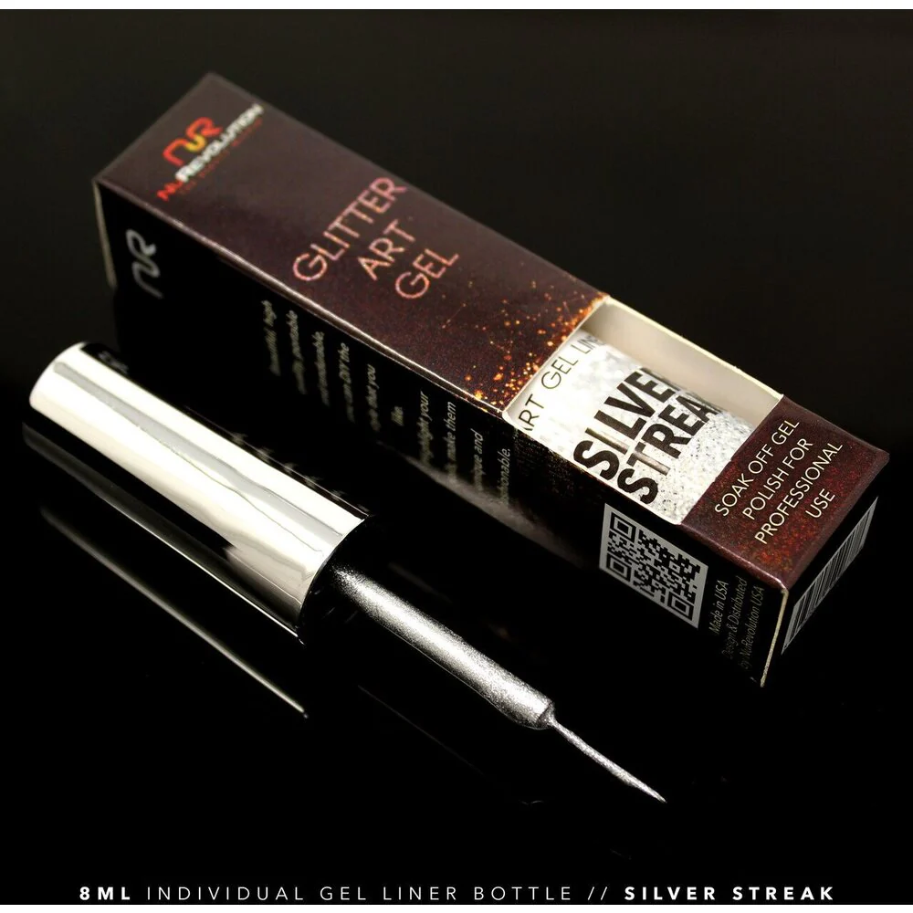 NuRevolution Gel Liner - Soak Off Gel Polish and Gel Liner Brush - Nail Art - Silver Streak / 8 mL.