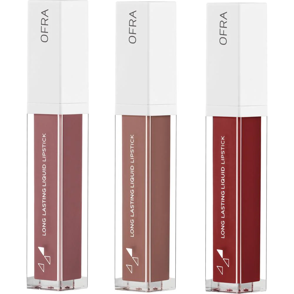 Long Lasting Liquid Lip Set by OFRA - The Essentials - Lip Colors In Pink, Nude, and Red Have a Light, Velvety Texture and Stay Put For Up to 5 Hours