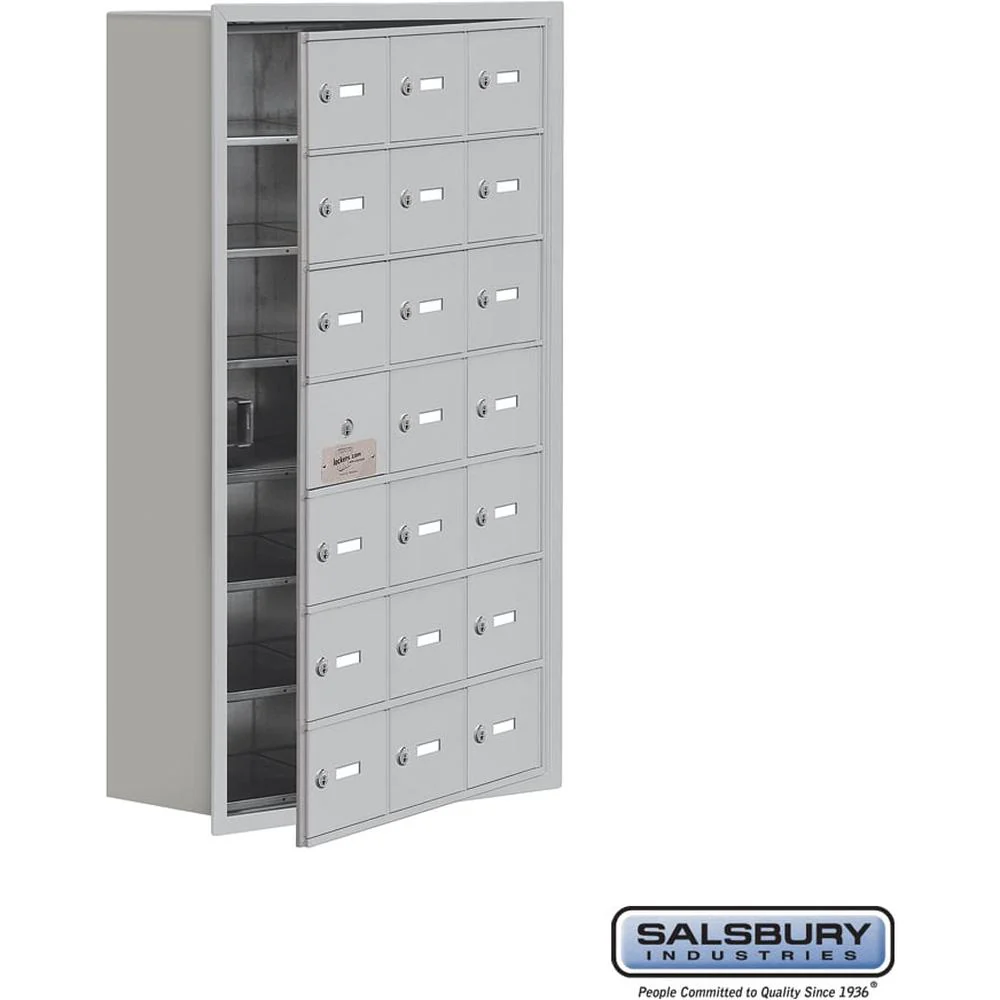 Recessed Mounted Cell Phone Storage Locker with 21 A Doors (20 usable) in Aluminum - Keyed Locks by Salsbury
