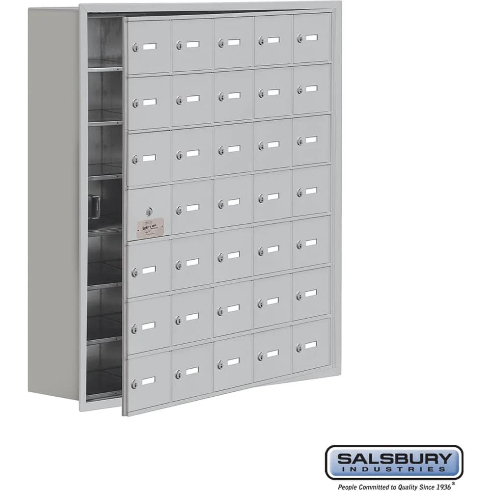 Recessed Mounted Cell Phone Storage Locker with 35 A Doors (34 usable) in Aluminum - Keyed Locks by Salsbury