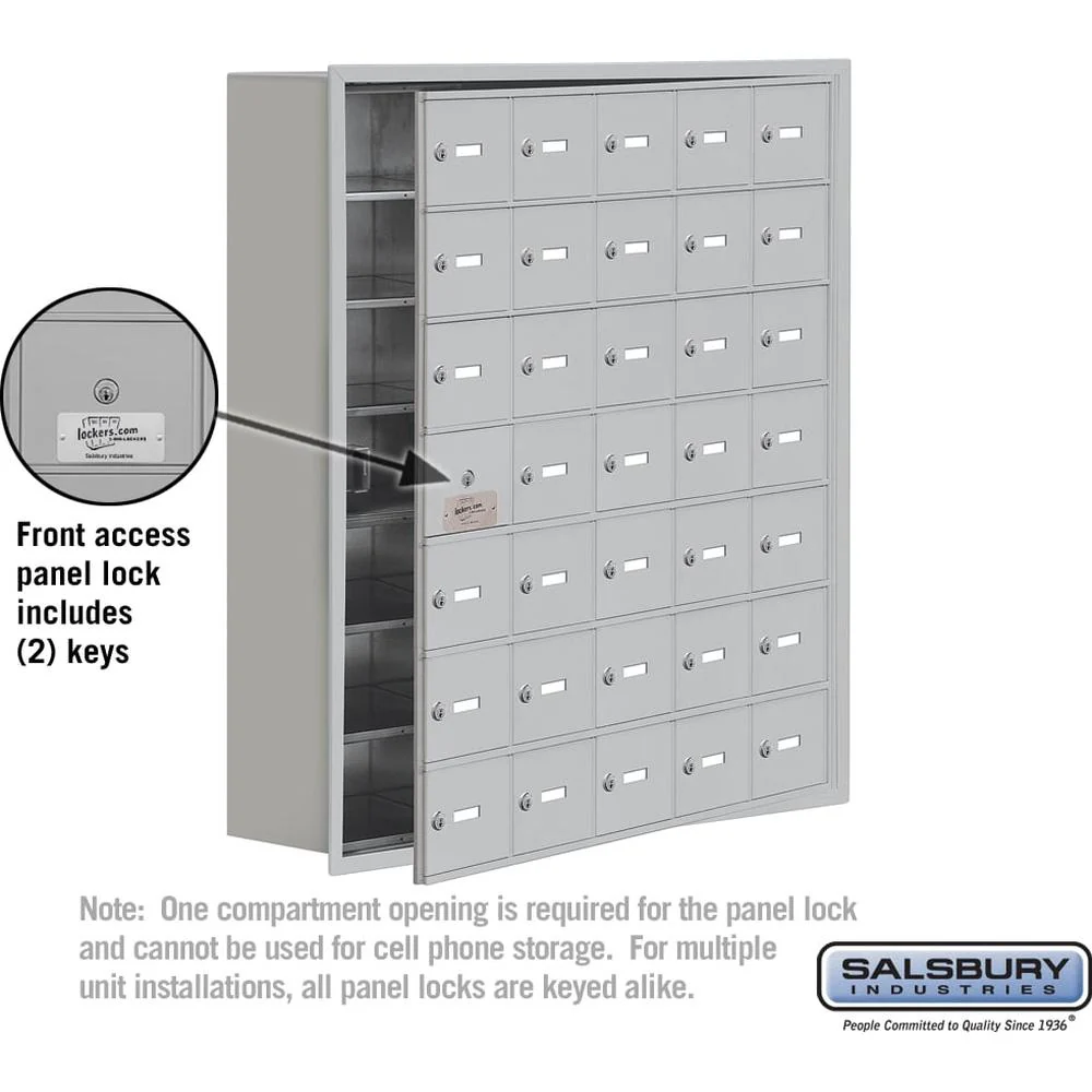 Recessed Mounted Cell Phone Storage Locker with 35 A Doors (34 usable) in Aluminum - Keyed Locks by Salsbury - Image 2