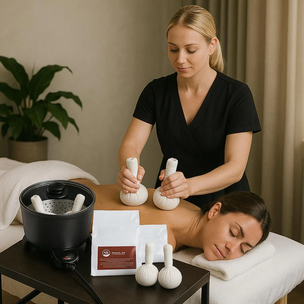 Sa-Wan Herbal Poultice Ball Kit - Thai Herbal Poultice Body Therapy / 6 Herbal Body Poultice Balls + Steaming Unit + Training DVD and Manual - Image 2