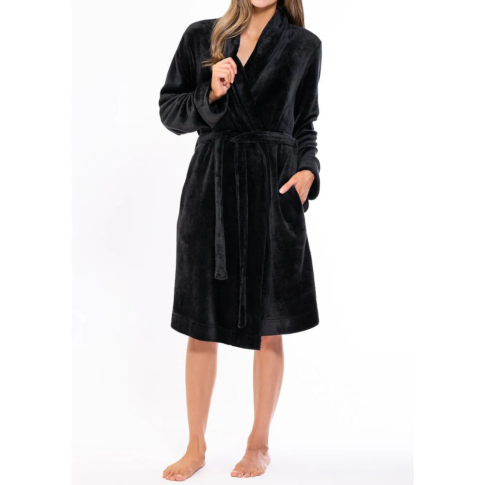 Woman's Super Soft Lightweight Plush Shawl Robe | Short Length | Material: 100% Polyester Warm Fleece | Color: Black | Available Sizes: S, M, L, XL, XXL by SUMMA - Image 5