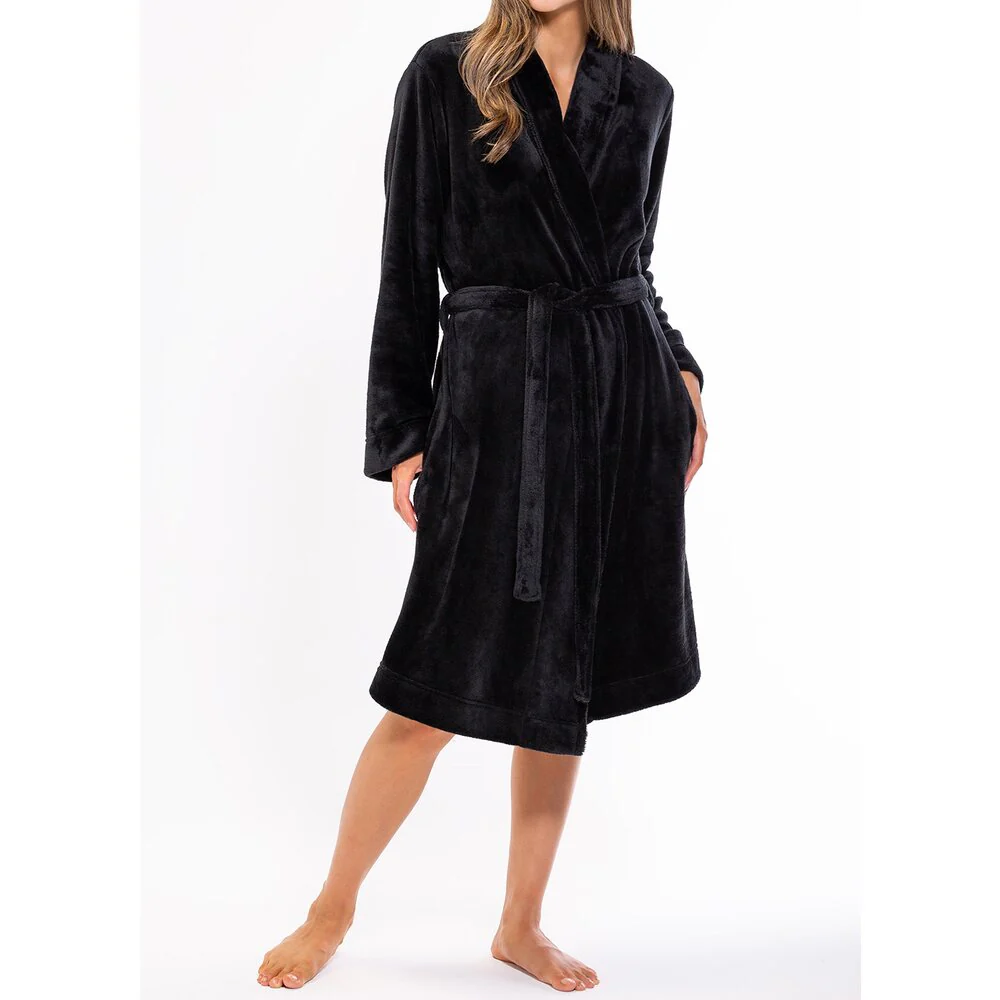 Woman's Super Soft Lightweight Plush Shawl Robe | Short Length | Material: 100% Polyester Warm Fleece | Color: Black | Available Sizes: S, M, L, XL, XXL by SUMMA - Image 6