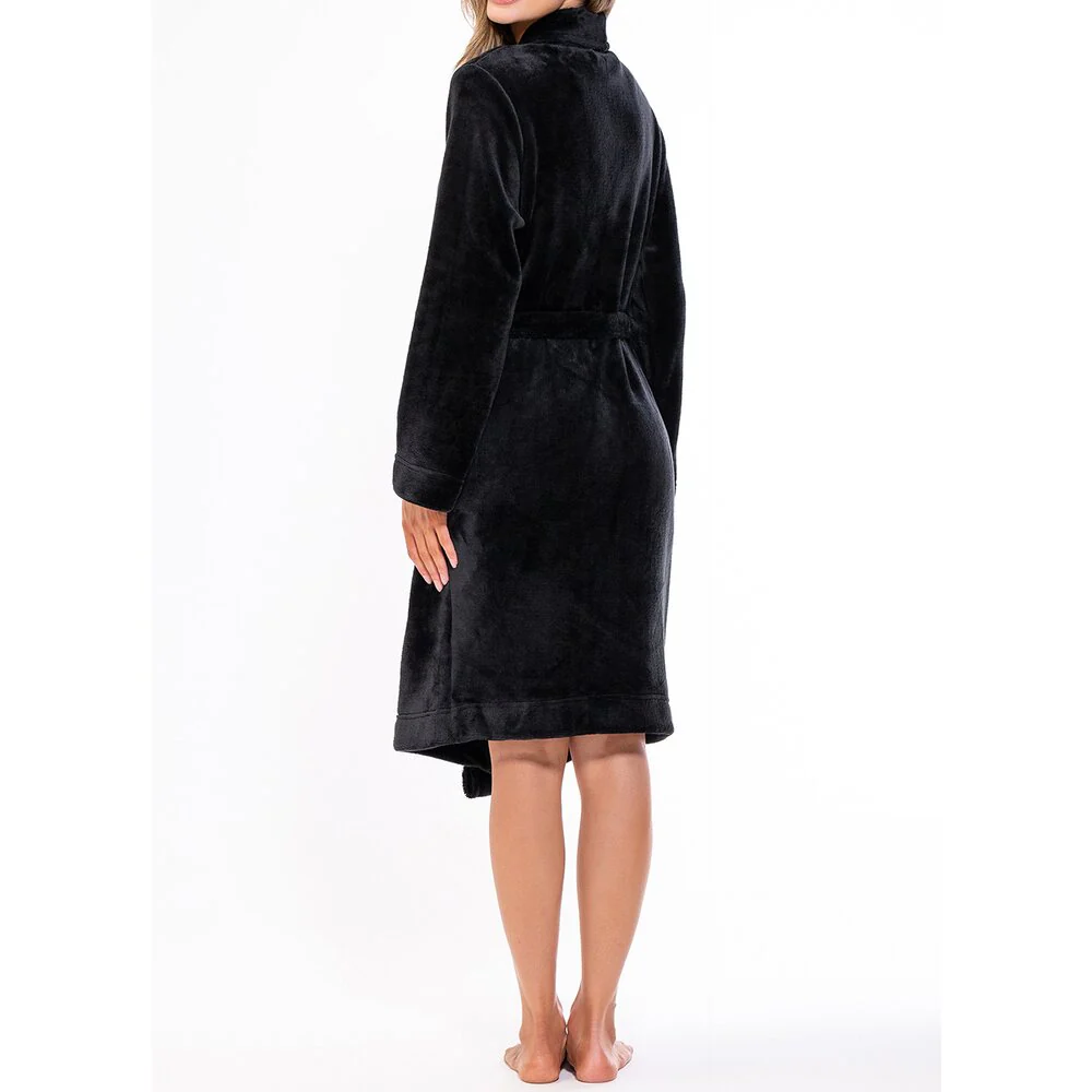 Woman's Super Soft Lightweight Plush Shawl Robe | Short Length | Material: 100% Polyester Warm Fleece | Color: Black | Available Sizes: S, M, L, XL, XXL by SUMMA - Image 7