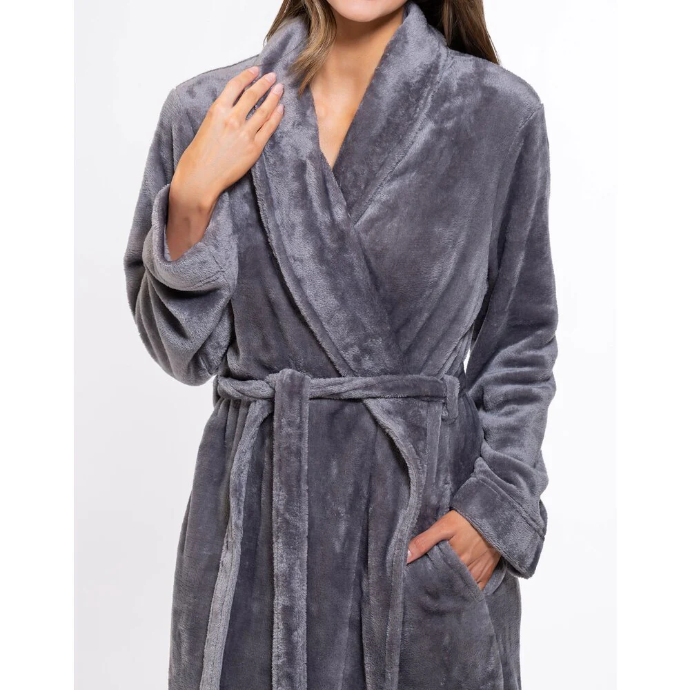 Woman's Super Soft Lightweight Plush Shawl Robe | Short Length | Material: 100% Polyester Warm Fleece | Color: Gray | Available Sizes: S, M, L, XL, XXL by SUMMA - Image 3