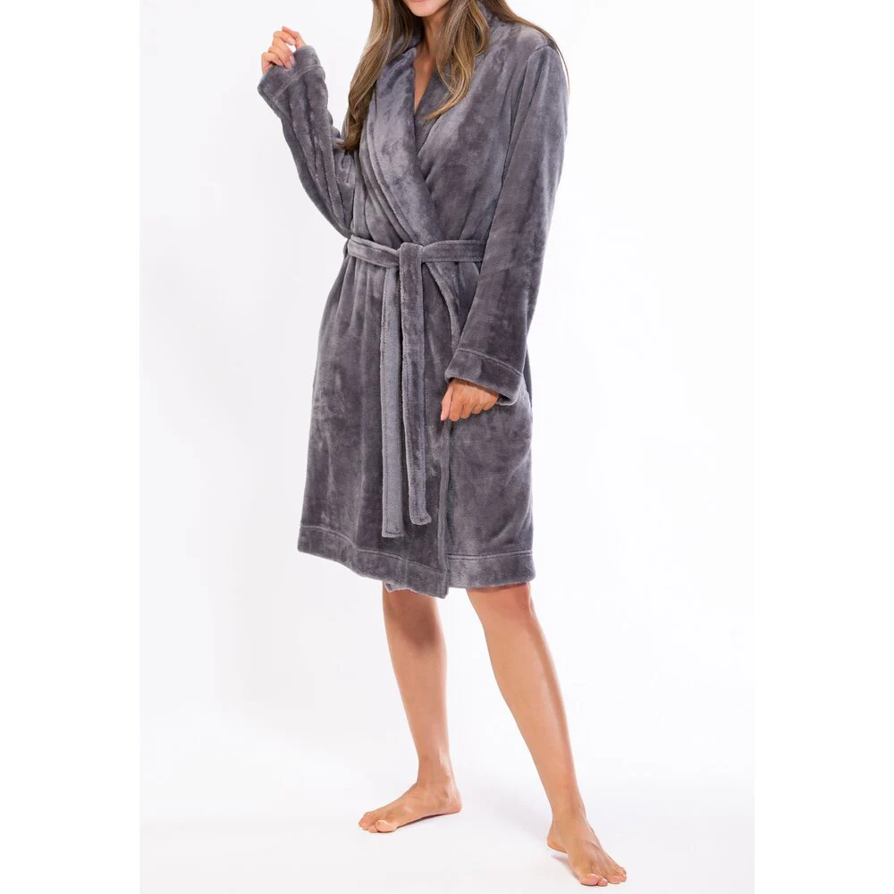 Woman's Super Soft Lightweight Plush Shawl Robe | Short Length | Material: 100% Polyester Warm Fleece | Color: Gray | Available Sizes: S, M, L, XL, XXL by SUMMA - Image 6