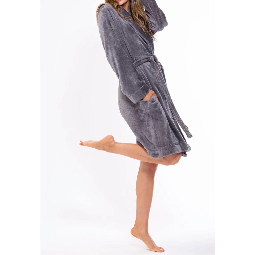 Woman's Super Soft Lightweight Plush Shawl Robe | Short Length | Material: 100% Polyester Warm Fleece | Color: Gray | Available Sizes: S, M, L, XL, XXL by SUMMA - Image 9