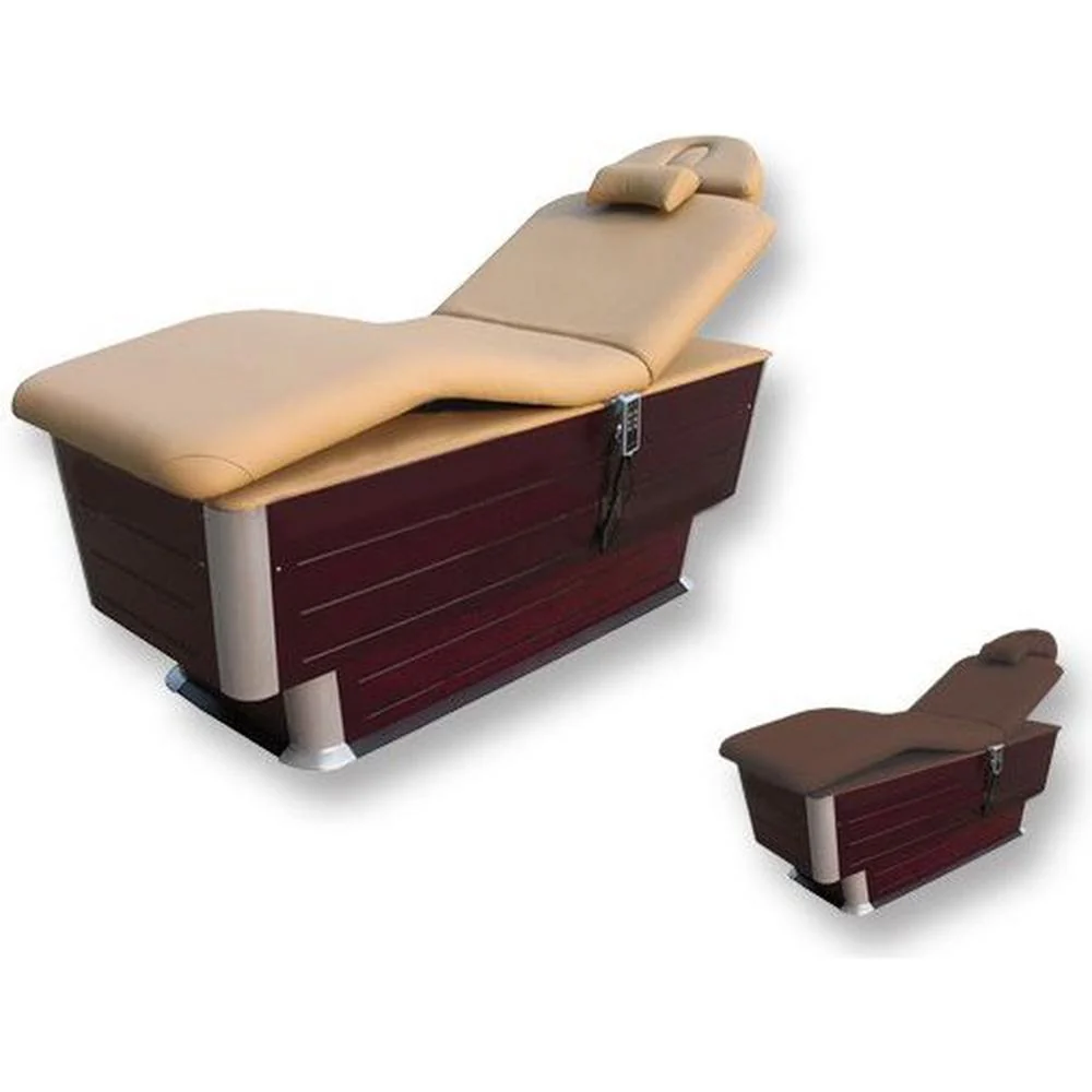 Zaina Premium 3-Motor Electric Facial and Massage Bed / Adjustable Comfort and Versatility / Tan Upholstery with Dark Wood Base